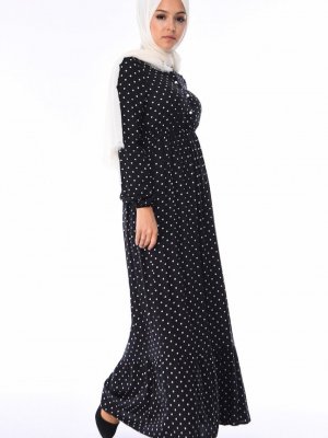 Sefamerve Siyah Puantiyeli Desenli Elbise