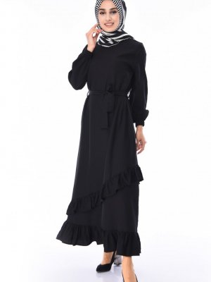 Sefamerve Siyah Aerobin Kumaş Büzgülü Kuşaklı Elbise