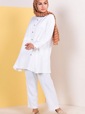 Sefamerve Beyaz Düğmeli Tunik Pantolon İkili Takım