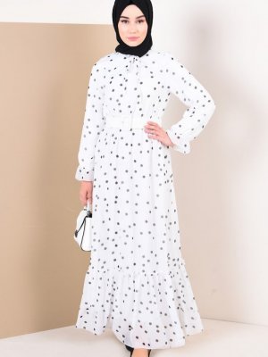 Sefamerve Beyaz Puantiyeli Büzgülü Şifon Elbise