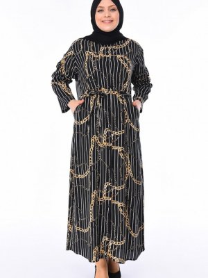 Sefamerve Siyah Büyük Beden Zincir Desenli Pamuklu Elbise