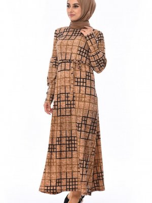 Sefamerve Vizon Desenli Kuşaklı Elbise
