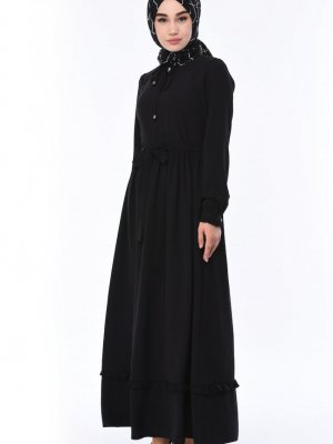 Sefamerve Siyah Büzgülü Kuşaklı Elbise