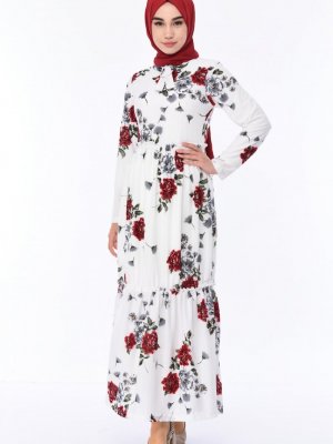 Sefamerve Beyaz Kırmızı Çiçek Desenli Elbise