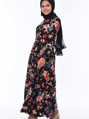Sefamerve Siyah Çiçek Desenli Kemerli Elbise