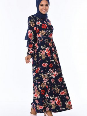 Sefamerve Lacivert Çiçek Desenli Kemerli Elbise