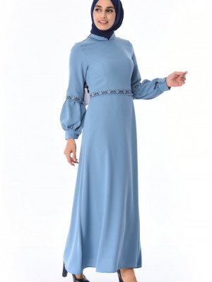 Sefamerve Mavi İşlemeli Kloş Elbise