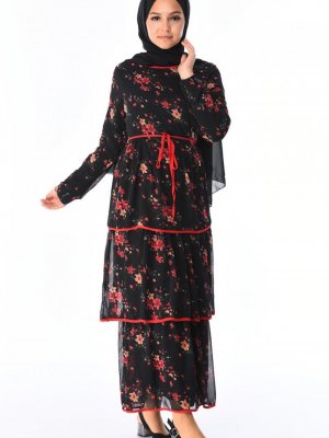 Sefamerve Siyah Desenli Şifon Elbise