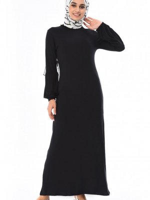 Sefamerve Siyah Kolu Lastikli Penye Elbise