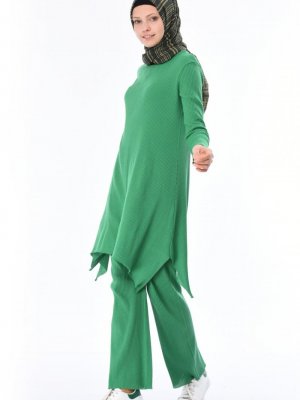 Sefamerve Çimen Yeşili Fitilli Triko Tunik Pantolon İkili Takım