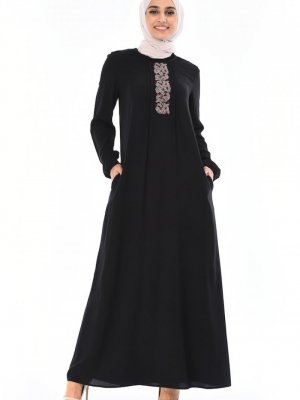 Sefamerve Siyah Kolu Lastikli Nakışlı Elbise