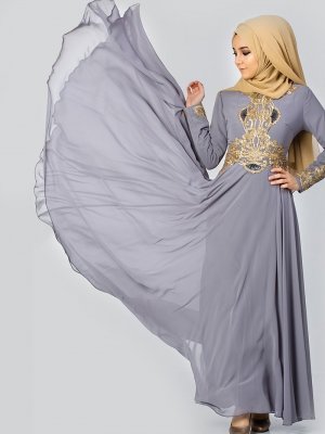 Moda Ravza Gri Nisa Abiye Elbise