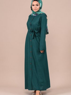 Sefamerve Zümrüt Yeşil Boydan Düğmeli Yazlık Elbise