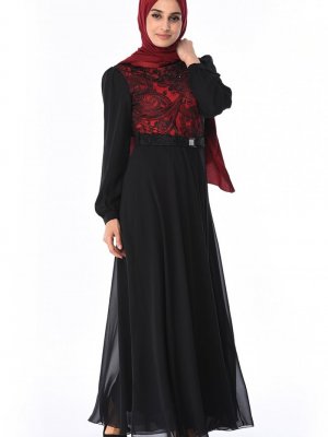 Sefamerve Kırmızı Siyah Dantelli Kuşaklı Elbise