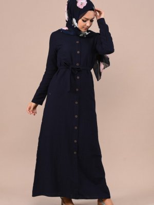 Sefamerve Lacivert Boydan Düğmeli Yazlık Elbise