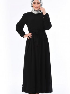 Sefamerve Siyah Büyük Beden Kuşaklı Elbise