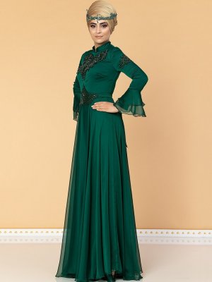 Moda Ravza Zümrüt Yeşili Şivenaz Janjan Taşlı Abiye Elbise