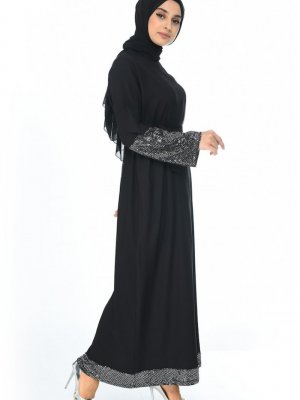 Sefamerve Siyah Pul Detaylı Kuşaklı Elbise