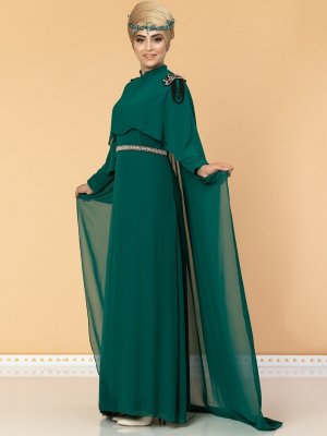 Moda Ravza Zümrüt Yeşili Almira Şifon Abiye Elbise