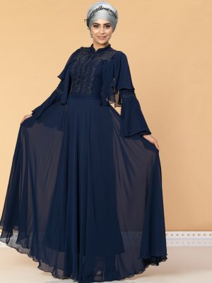 Moda Ravza Lacivert Hürrem Taşlı Şifon Abiye Elbise