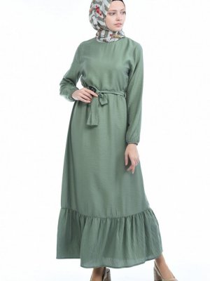 Sefamerve Yeşil Aerobin Kumaş Kuşaklı Elbise