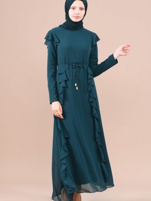 Sefamerve Zümrüt Yeşili Fırfırlı Şifon Elbise