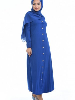 Sefamerve Mavi Düğmeli Pamuklu Elbise