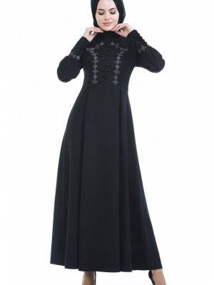 Sefamerve Siyah Düğmeli Pileli Elbise