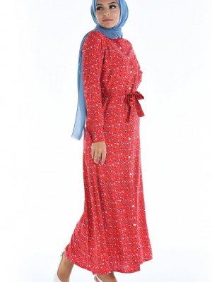 Sefamerve Kırmızı Boydan Düğmeli Desenli Elbise