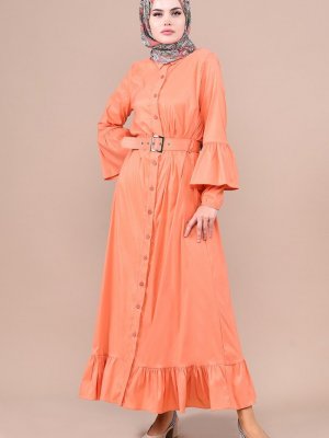Sefamerve Yavruağzı Boydan Düğmeli Kemerli Elbise