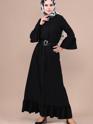 Sefamerve Siyah Boydan Düğmeli Kemerli Elbise