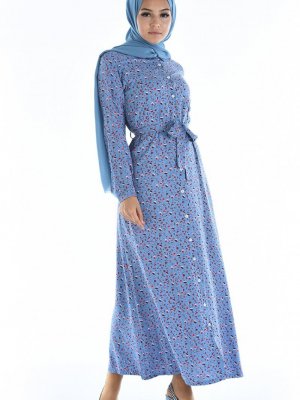 Sefamerve Buz Mavisi Boydan Düğmeli Desenli Elbise