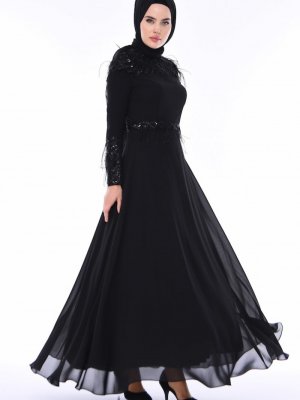 Sefamerve Siyah Tüy Detaylı Abiye Elbise