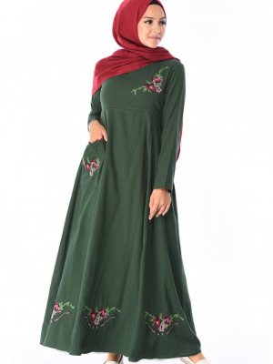 Sefamerve Yeşil Nakışlı Şile Bezi Elbise