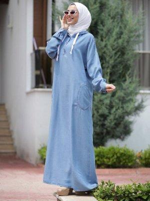Neways Mavi Uzun Kot Elbise