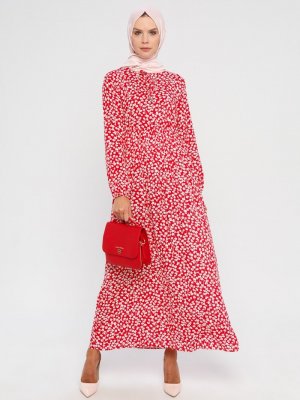 ECESUN Kırmızı Desenli Elbise