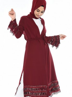 Sefamerve Bordo Payet Püsküllü Abaya