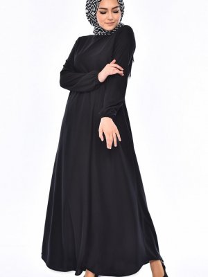 Sefamerve Siyah Kolu Lastikli Elbise