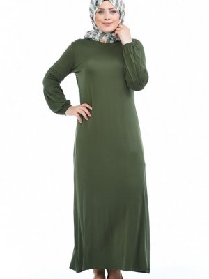 Sefamerve Haki Yeşil Kolu Lastikli Penye Elbise