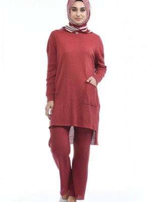 Sefamerve Kiremit Asimetrik Tunik Pantolon İkili Takım