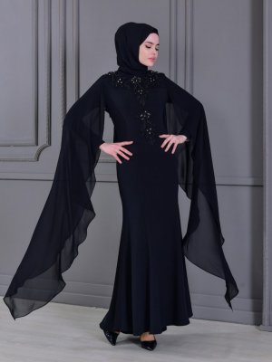 Sefamerve Siyah Güpür Detaylı Abiye Elbise
