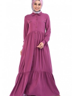 Sefamerve Gül Kurusu Boydan Düğmeli Büzgülü Elbise