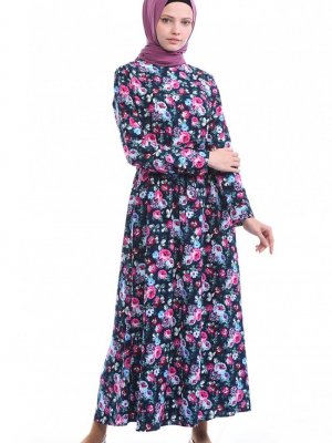 Sefamerve Lacivert Desenli Kuşaklı Elbise