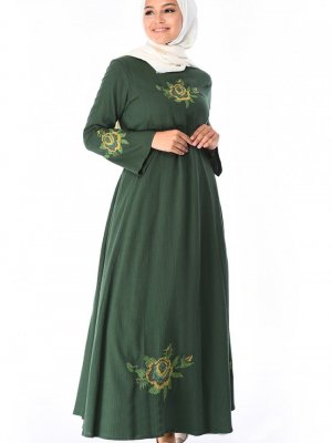 Sefamerve Yeşil Nakışlı Şile Bezi Elbise