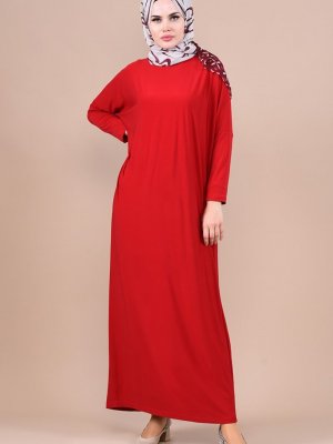 Sefamerve Kırmızı Yarasa Kol Sandy Elbise