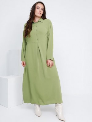 Alia Zeytin Yeşili Düğme Detaylı Elbise