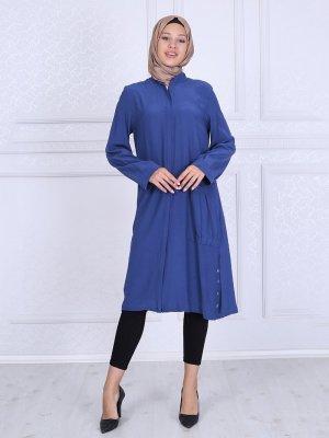 Night Blue Collection Saks Cep Detaylı Pardesü