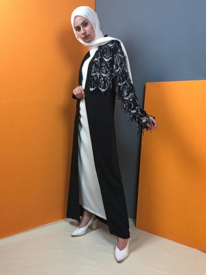 Aydazen Siyah Tek Tarafı Saçaklı Abaya