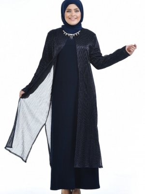 Sefamerve Lacivert Büyük Beden Takım Görünümlü Abiye Elbise