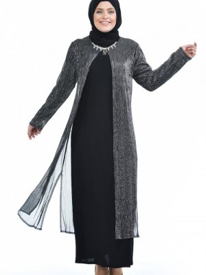 Sefamerve Siyah Büyük Beden Takım Görünümlü Abiye Elbise